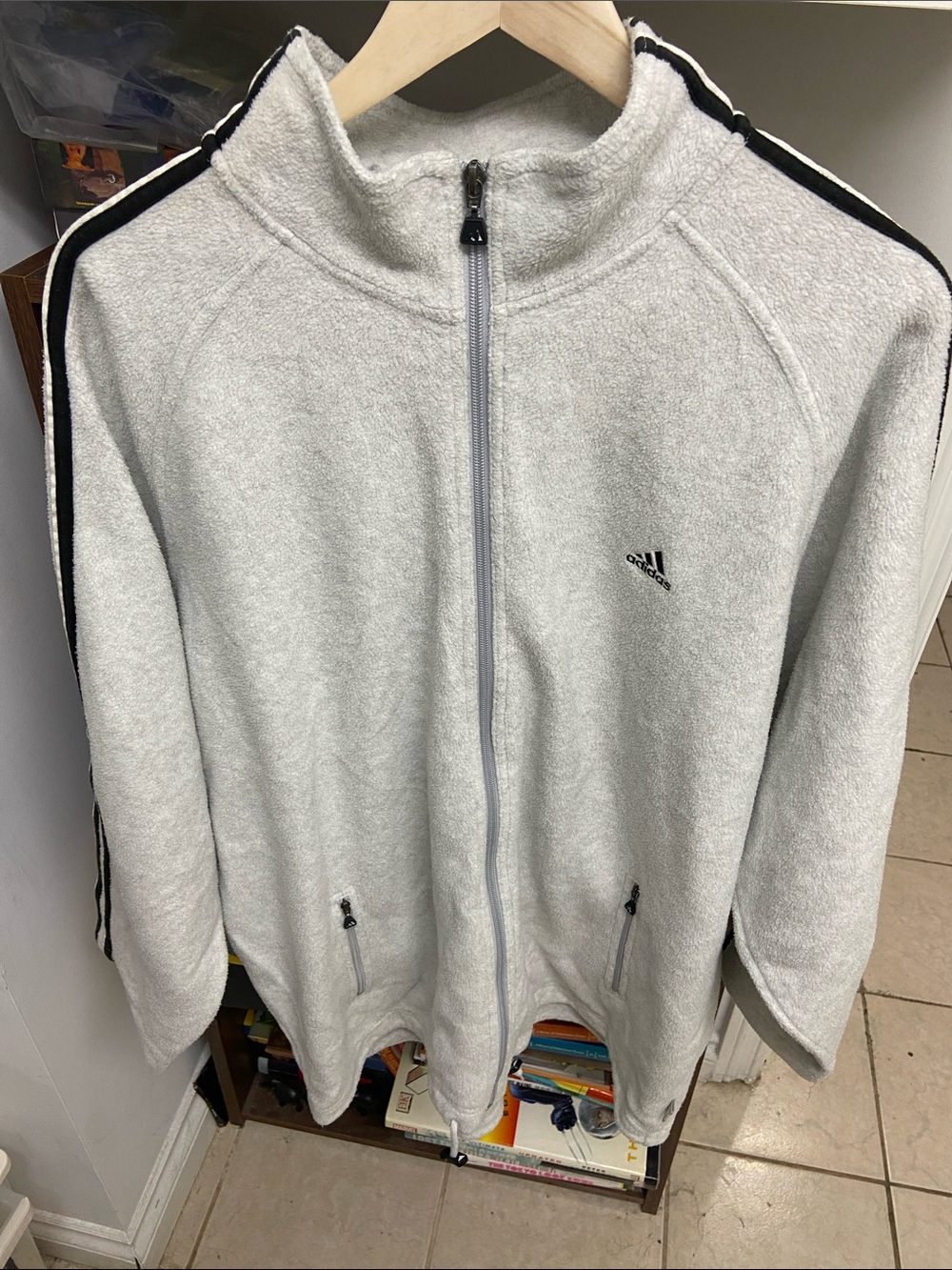 Vintage adidas Men’s Light Gray Full-Zip Fleece Jacket w/ Black Shoulder Stripes